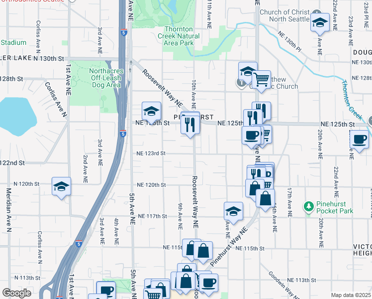 map of restaurants, bars, coffee shops, grocery stores, and more near 842 Northeast 123rd Street in Seattle