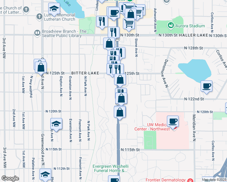 map of restaurants, bars, coffee shops, grocery stores, and more near 12201 Aurora Avenue North in Seattle