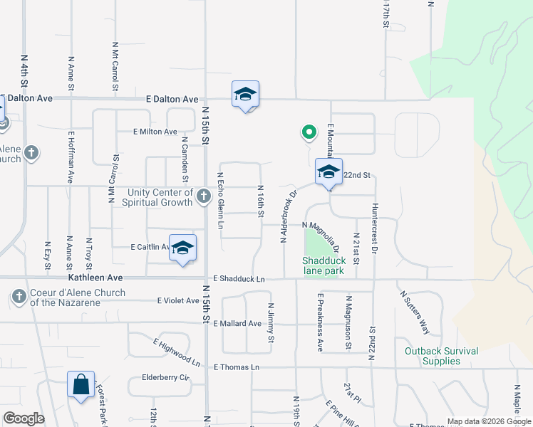 map of restaurants, bars, coffee shops, grocery stores, and more near 4320 North 16th Street in Coeur d'Alene