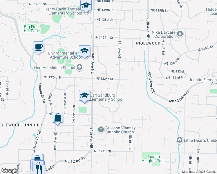 map of restaurants, bars, coffee shops, grocery stores, and more near 13129 86th Place Northeast in Kirkland