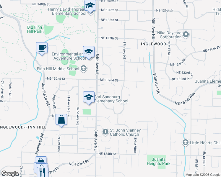 map of restaurants, bars, coffee shops, grocery stores, and more near 13129 86th Place Northeast in Kirkland