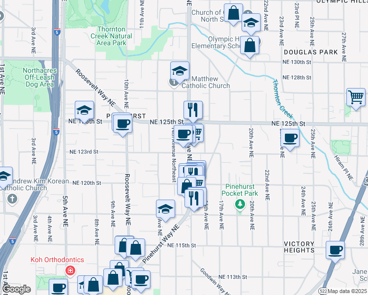 map of restaurants, bars, coffee shops, grocery stores, and more near 12309 15th Avenue Northeast in Seattle