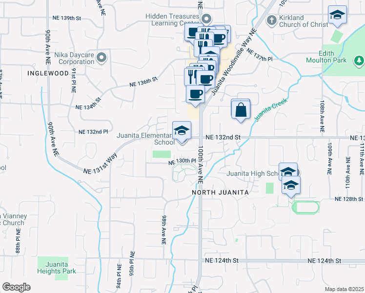 map of restaurants, bars, coffee shops, grocery stores, and more near 9635 Northeast 132nd Street in Kirkland
