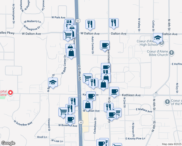 map of restaurants, bars, coffee shops, grocery stores, and more near 4400 North Crown Avenue in Coeur d'Alene