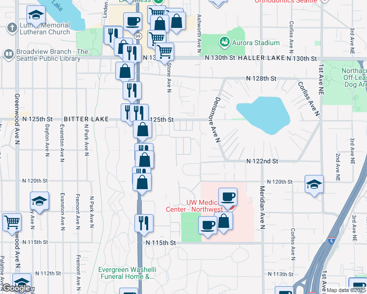 map of restaurants, bars, coffee shops, grocery stores, and more near 12233 Ashworth Avenue North in Seattle