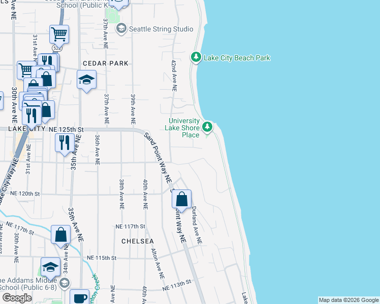 map of restaurants, bars, coffee shops, grocery stores, and more near 4239 Northeast 124th Street in Seattle