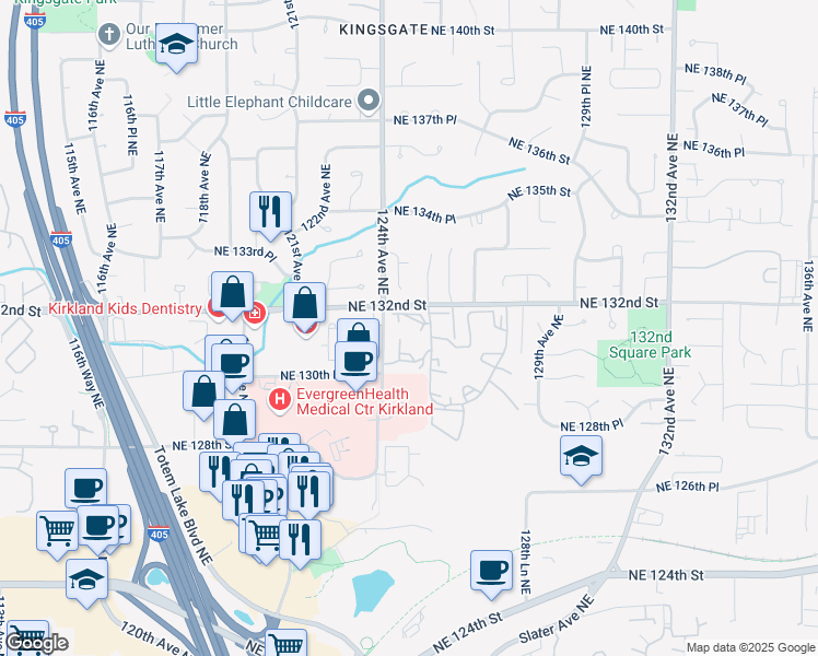 map of restaurants, bars, coffee shops, grocery stores, and more near in Kirkland