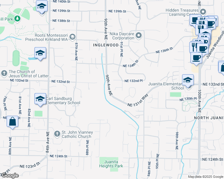 map of restaurants, bars, coffee shops, grocery stores, and more near 9058 Northeast 131st Place in Kirkland