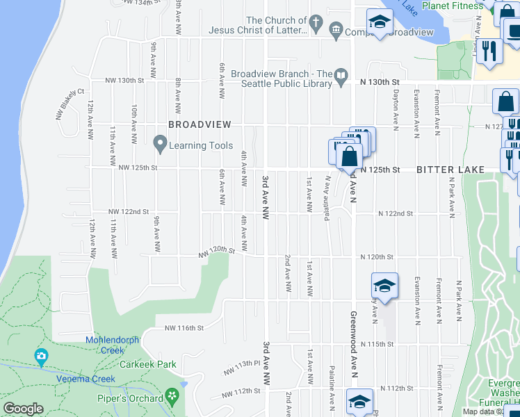 map of restaurants, bars, coffee shops, grocery stores, and more near 12201 3rd Avenue Northwest in Seattle