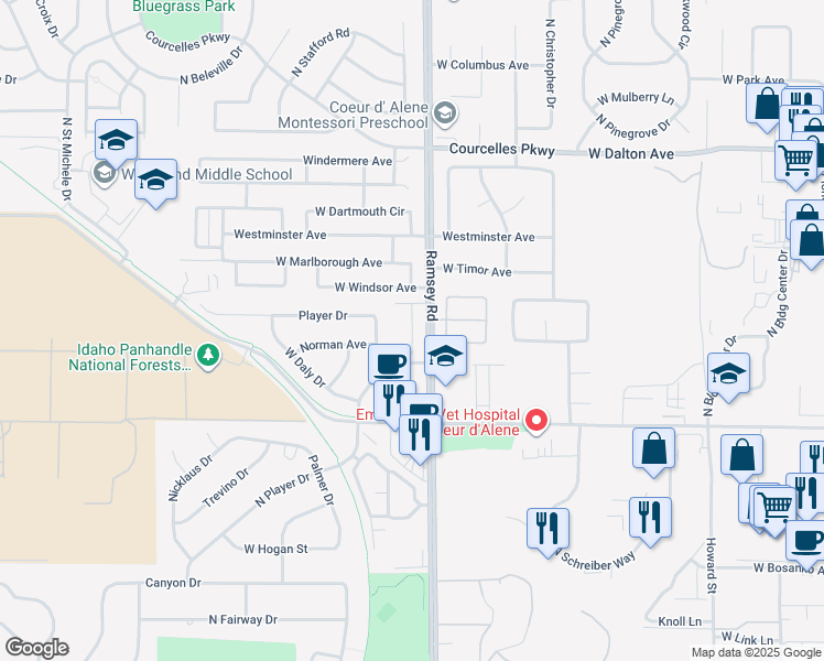 map of restaurants, bars, coffee shops, grocery stores, and more near 4421 North Driver Lane in Coeur d'Alene