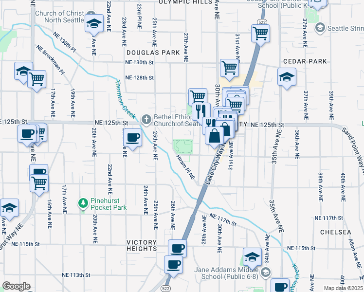 map of restaurants, bars, coffee shops, grocery stores, and more near 2700 Northeast 123rd Street in Seattle