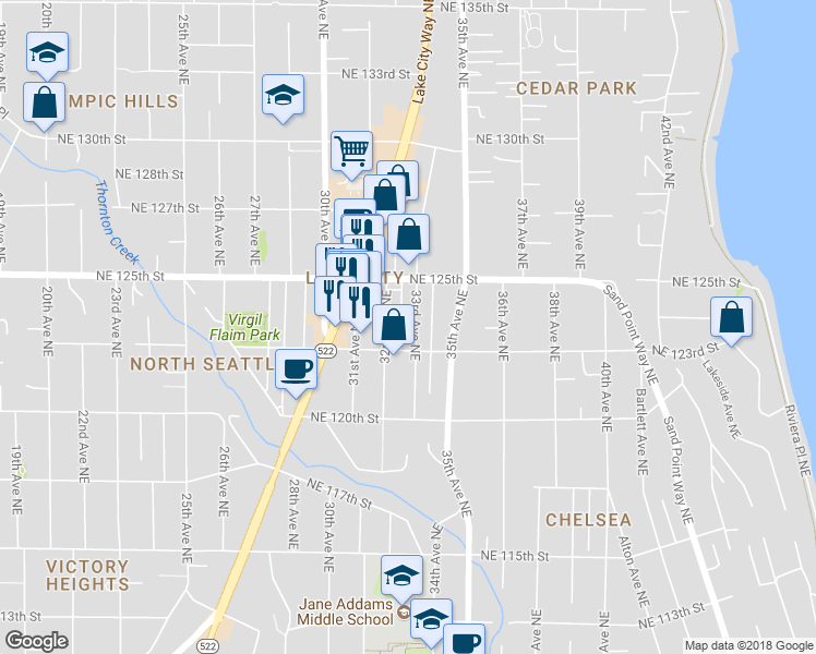 map of restaurants, bars, coffee shops, grocery stores, and more near 12321 33rd Avenue Northeast in Seattle