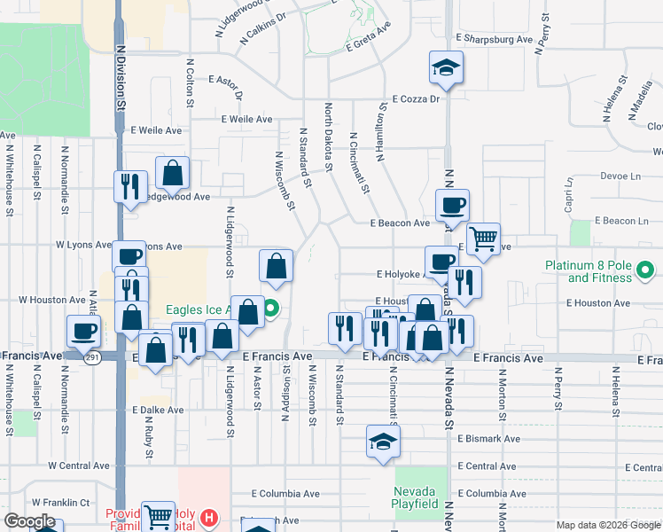 map of restaurants, bars, coffee shops, grocery stores, and more near 605 East Holyoke Avenue in Spokane