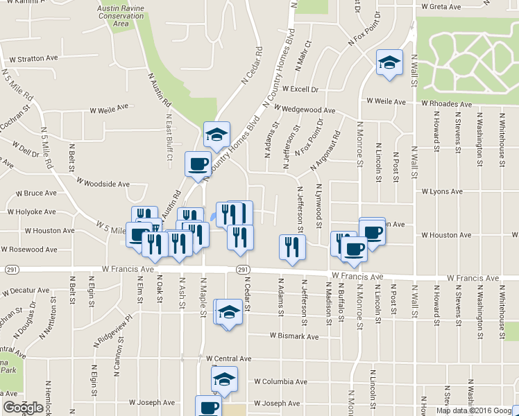 map of restaurants, bars, coffee shops, grocery stores, and more near 1488 West Northstar Lane in Spokane