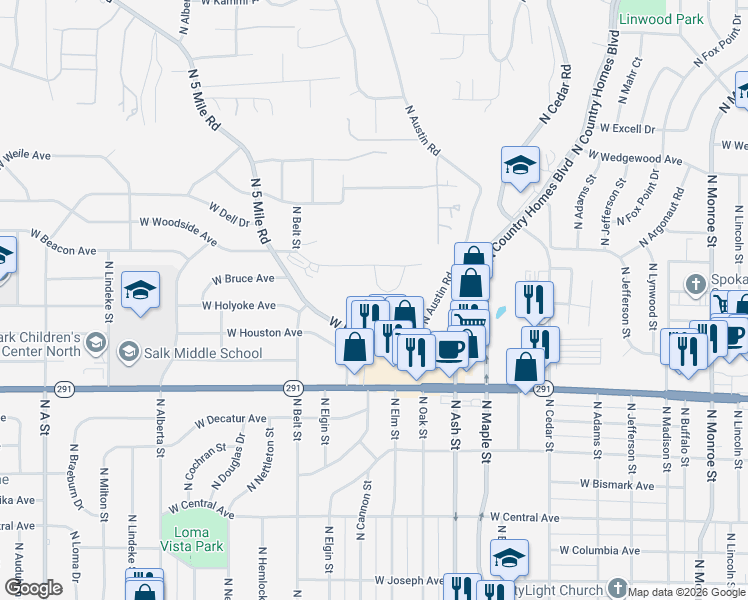 map of restaurants, bars, coffee shops, grocery stores, and more near 1823 West Northridge Court in Spokane