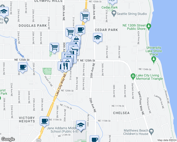 map of restaurants, bars, coffee shops, grocery stores, and more near 12317 35th Avenue Northeast in Seattle