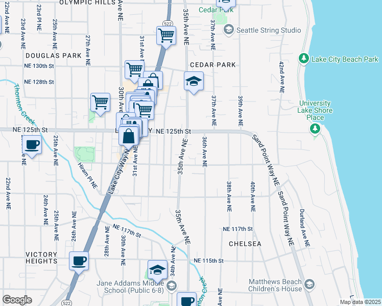 map of restaurants, bars, coffee shops, grocery stores, and more near 12317 36th Avenue Northeast in Seattle
