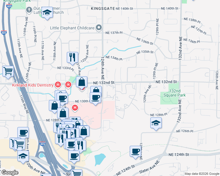 map of restaurants, bars, coffee shops, grocery stores, and more near 12423 Northeast 131st Court in Kirkland
