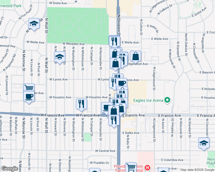 map of restaurants, bars, coffee shops, grocery stores, and more near 6619 North Atlantic Street in Spokane