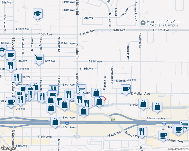 map of restaurants, bars, coffee shops, grocery stores, and more near 1005 North Adkins Drive in Post Falls