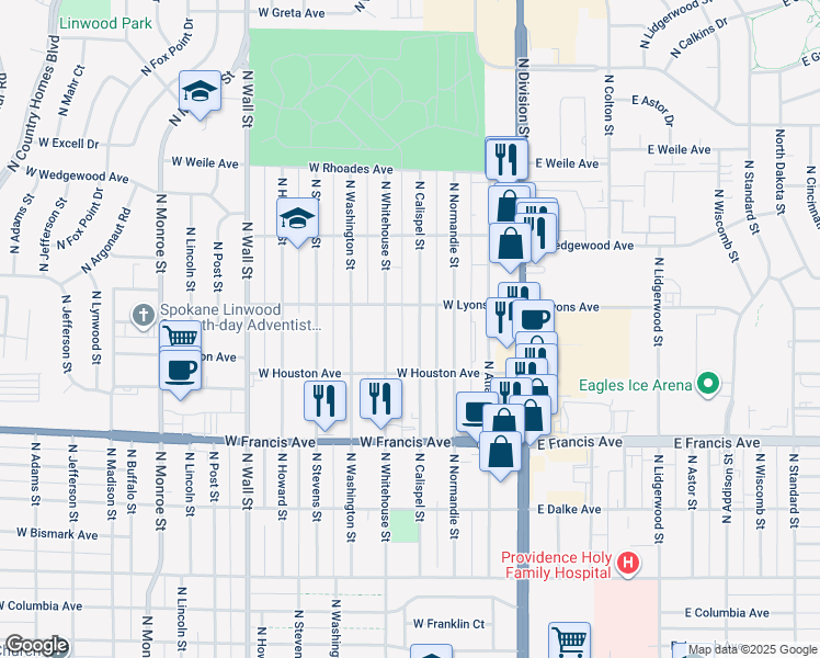 map of restaurants, bars, coffee shops, grocery stores, and more near 6607 North Calispel Street in Spokane