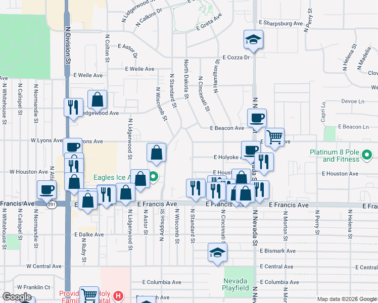 map of restaurants, bars, coffee shops, grocery stores, and more near 605 East Holyoke Avenue in Spokane