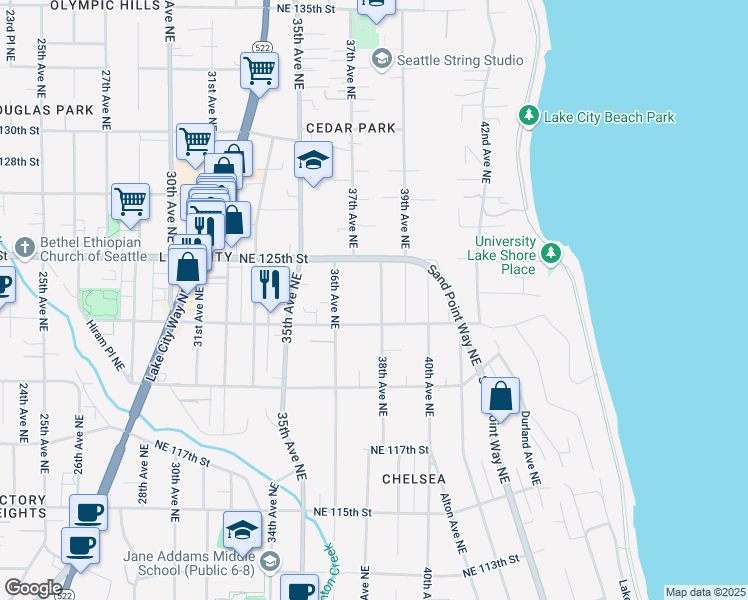 map of restaurants, bars, coffee shops, grocery stores, and more near 12321 38th Avenue Northeast in Seattle