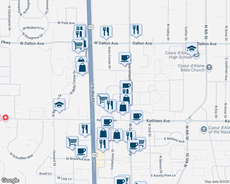 map of restaurants, bars, coffee shops, grocery stores, and more near 4405 Bourbon Drive in Coeur d'Alene