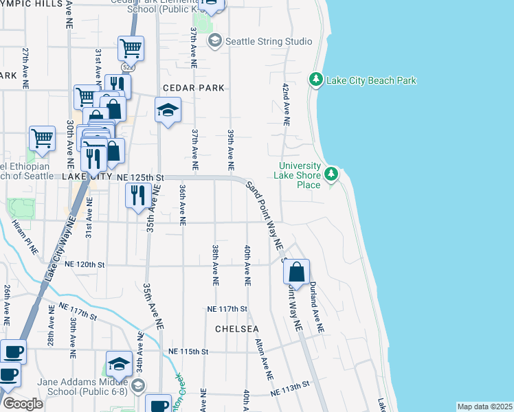 map of restaurants, bars, coffee shops, grocery stores, and more near 12325 Sand Point Way Northeast in Seattle