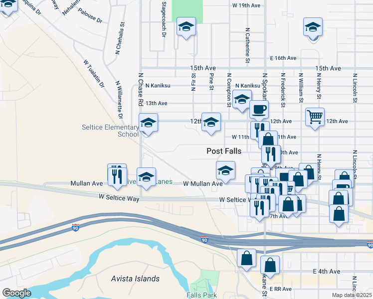 map of restaurants, bars, coffee shops, grocery stores, and more near 315 West Cherry Avenue in Post Falls