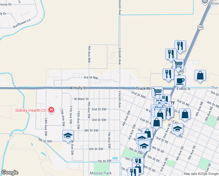 map of restaurants, bars, coffee shops, grocery stores, and more near 700 West Holly Street in Sidney