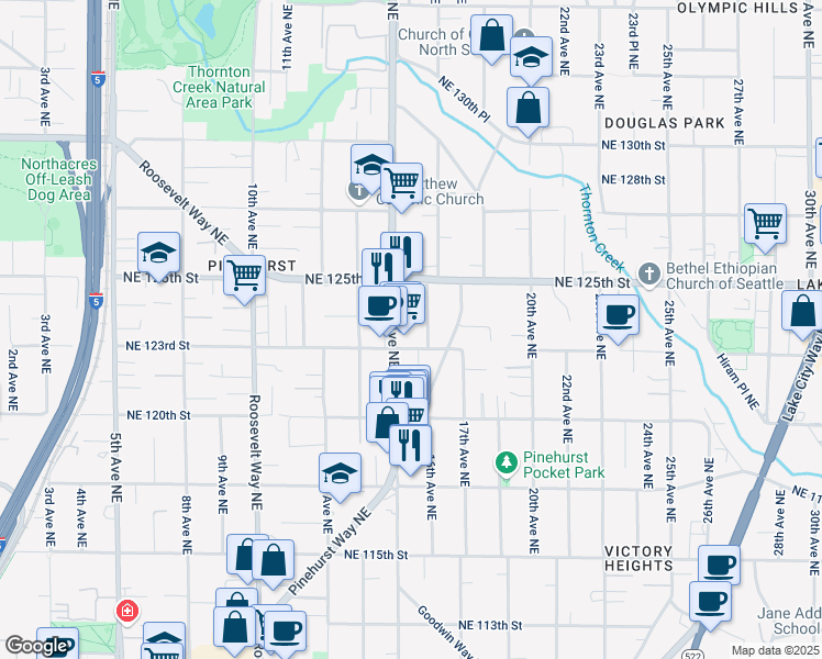 map of restaurants, bars, coffee shops, grocery stores, and more near 12318 15th Avenue Northeast in Seattle