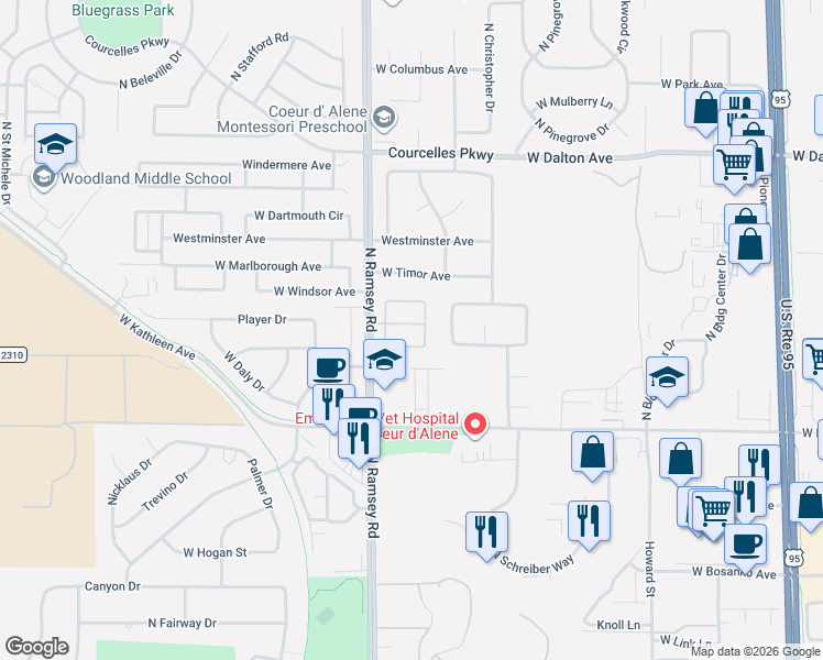 map of restaurants, bars, coffee shops, grocery stores, and more near 1571 West State Street in Coeur d'Alene