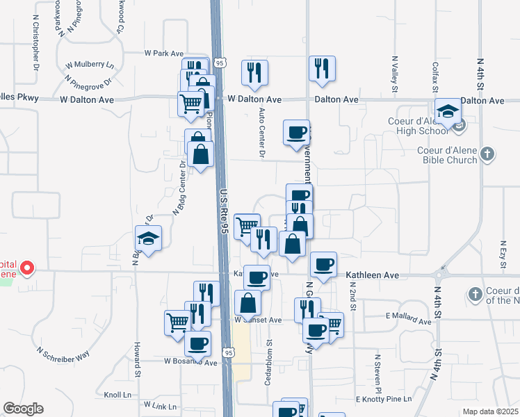 map of restaurants, bars, coffee shops, grocery stores, and more near 4400 North Crown Avenue in Coeur d'Alene