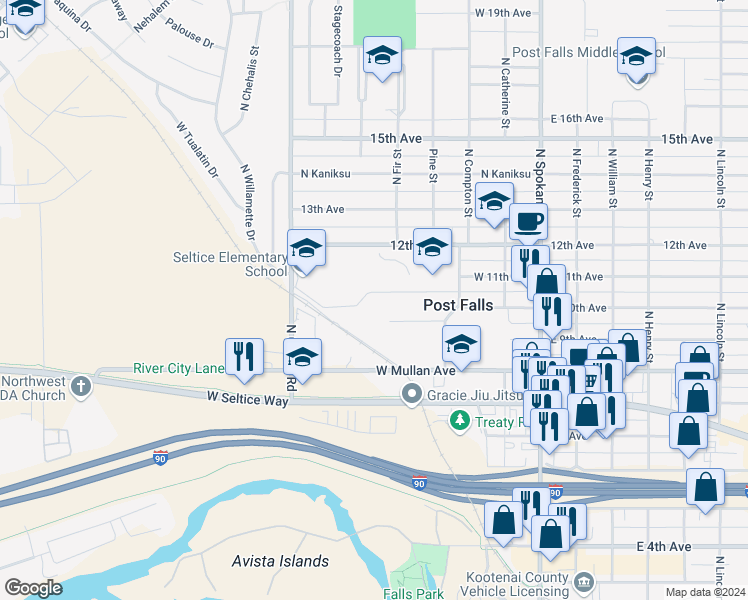 map of restaurants, bars, coffee shops, grocery stores, and more near 315 West Cherry Avenue in Post Falls