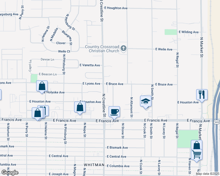 map of restaurants, bars, coffee shops, grocery stores, and more near 6611 North Lee Street in Spokane