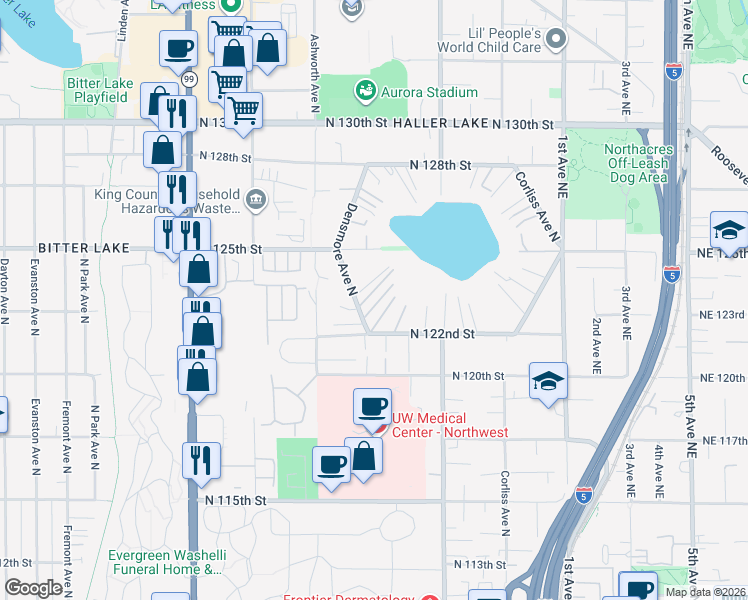 map of restaurants, bars, coffee shops, grocery stores, and more near 12220 Densmore Avenue North in Seattle
