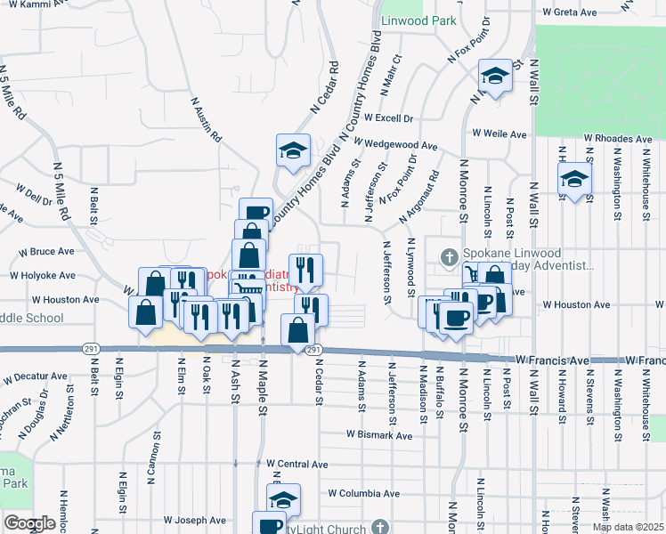 map of restaurants, bars, coffee shops, grocery stores, and more near 1488 West Northstar Lane in Spokane