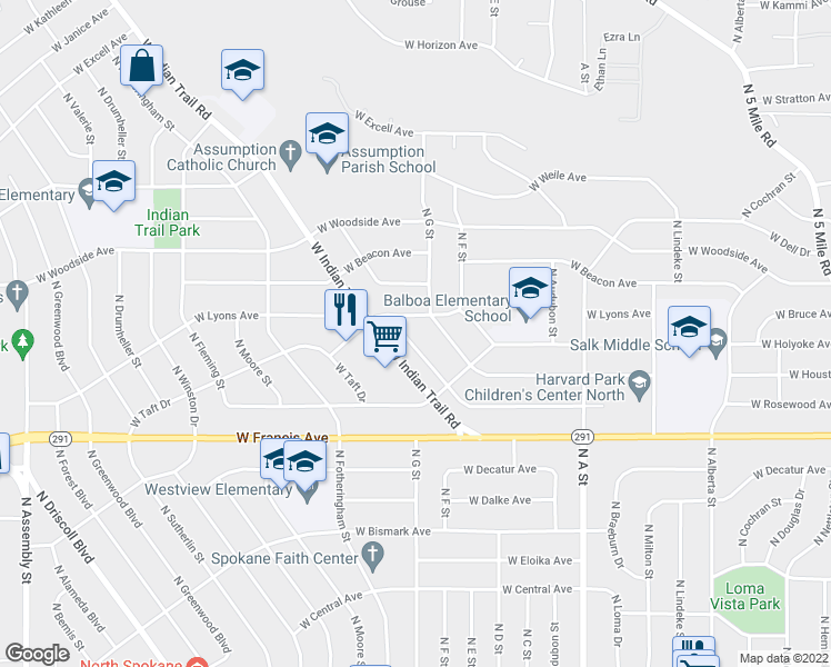 map of restaurants, bars, coffee shops, grocery stores, and more near 3314 W Rosewood Ave in Spokane