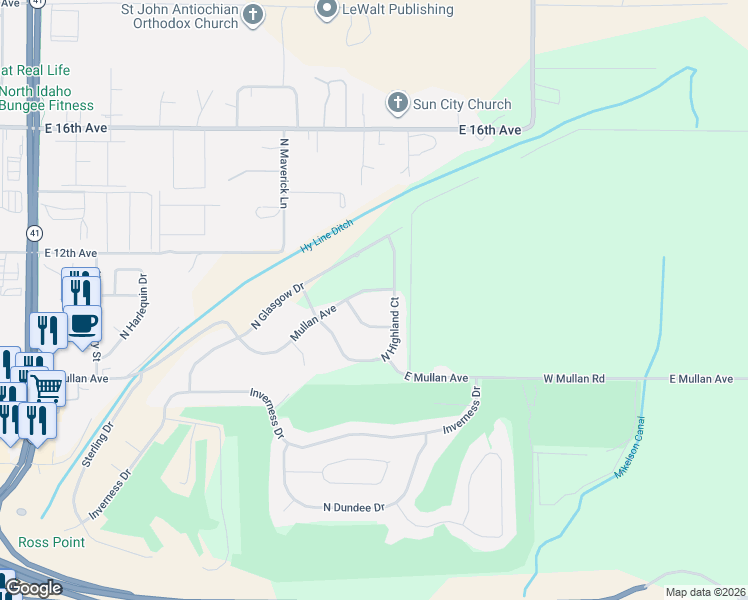 map of restaurants, bars, coffee shops, grocery stores, and more near 5266 East Royal Drive in Post Falls
