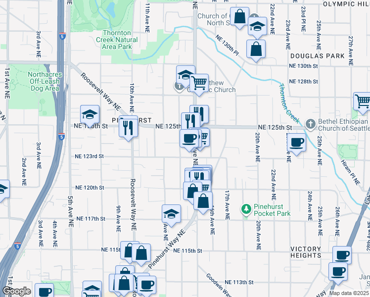 map of restaurants, bars, coffee shops, grocery stores, and more near 12314 14th Avenue Northeast in Seattle