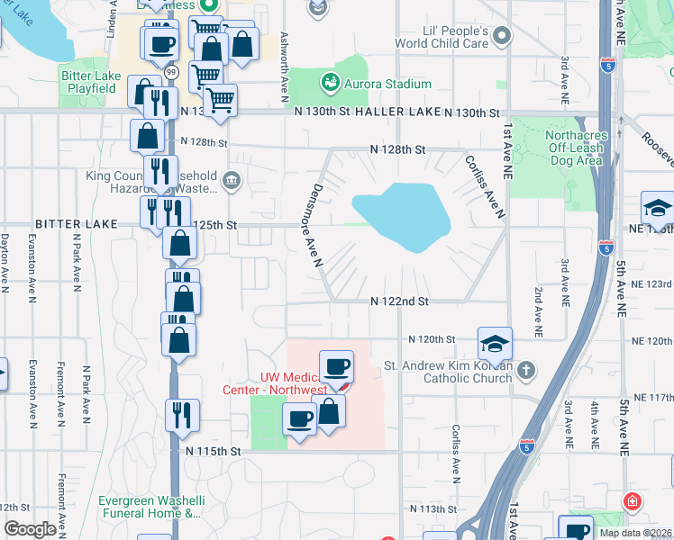 map of restaurants, bars, coffee shops, grocery stores, and more near 12220 Densmore Avenue North in Seattle
