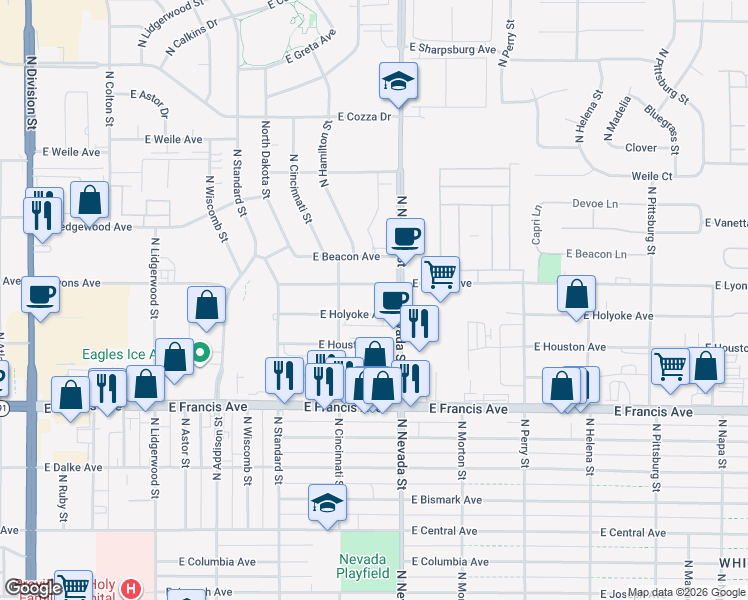 map of restaurants, bars, coffee shops, grocery stores, and more near 901 East Holyoke Avenue in Spokane