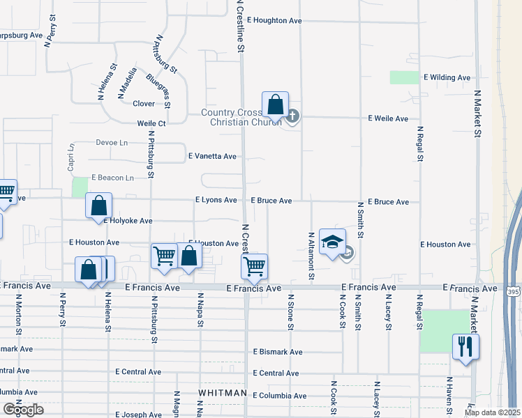 map of restaurants, bars, coffee shops, grocery stores, and more near 6611 North Lee Street in Spokane