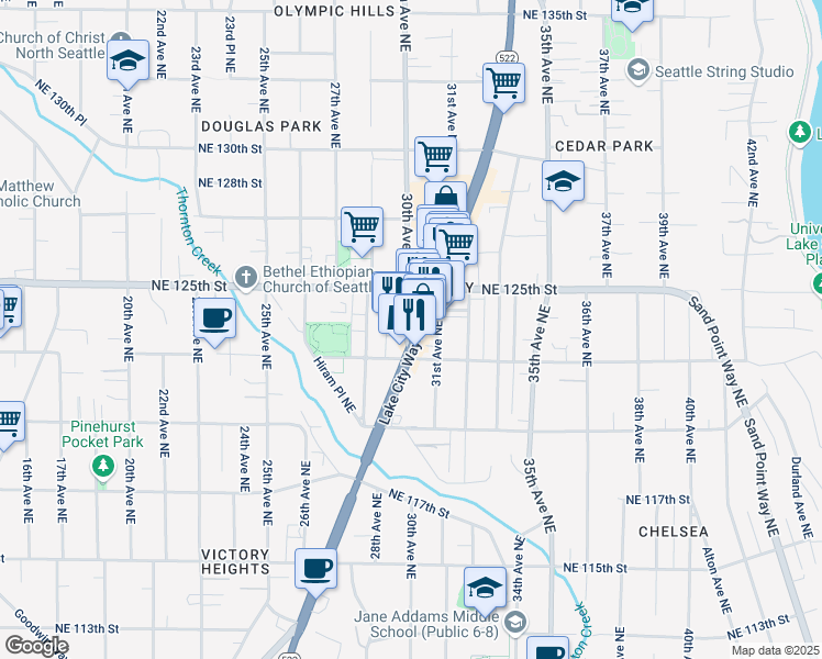map of restaurants, bars, coffee shops, grocery stores, and more near 12325 Lake City Way Northeast in Seattle