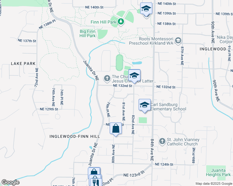 map of restaurants, bars, coffee shops, grocery stores, and more near 7929 Northeast 131st Street in Kirkland