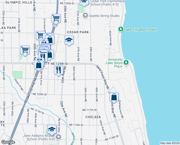 map of restaurants, bars, coffee shops, grocery stores, and more near 12317 40th Avenue Northeast in Seattle