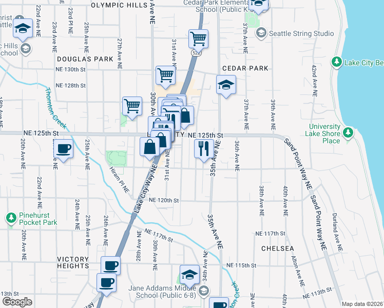 map of restaurants, bars, coffee shops, grocery stores, and more near 12316 32nd Avenue Northeast in Seattle