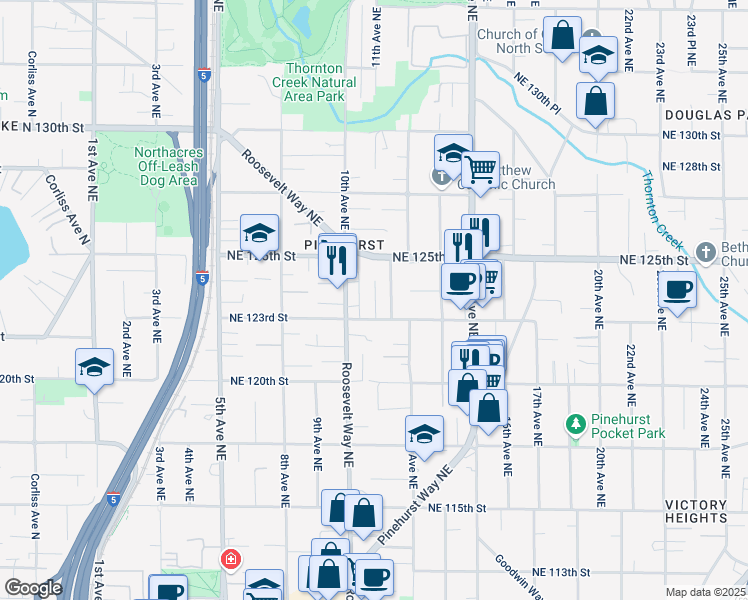 map of restaurants, bars, coffee shops, grocery stores, and more near 12300 10th Place Northeast in Seattle