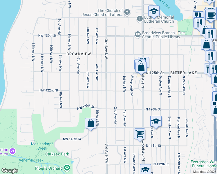 map of restaurants, bars, coffee shops, grocery stores, and more near 12201 3rd Avenue Northwest in Seattle